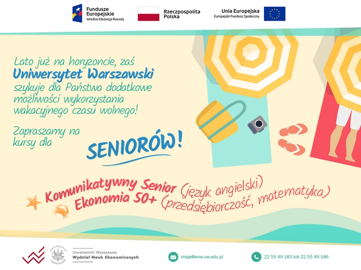Plakat: Bezpłatne kursy dla seniorów - Komunikatywny Senior oraz Ekonomia 50+