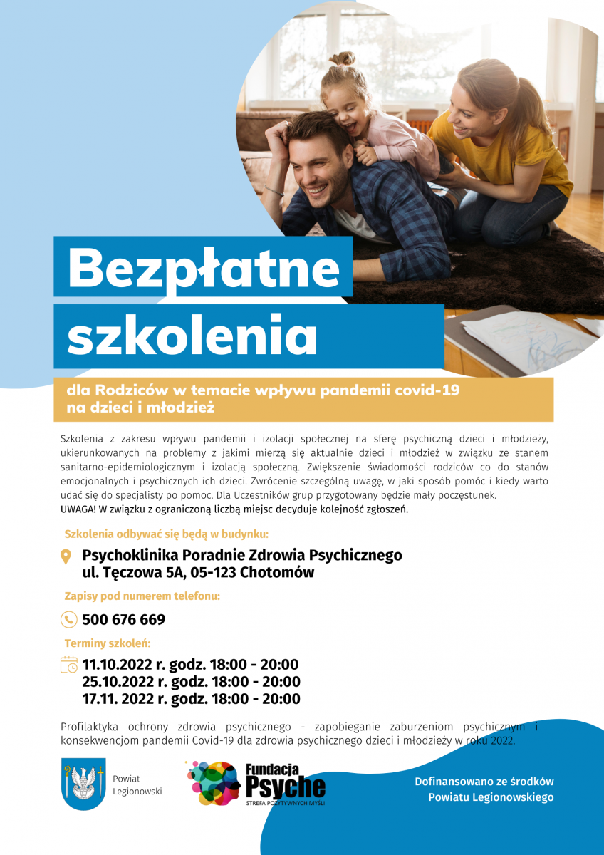 Szkolenie dla rodziców o tematyce wpływu pandemii COVID-19 na dzieci i młodzież.  Grupa wsparcia dla pedagogów i psychologów szkolnych.  Zapisy: tel.: 500 676 669  Miejsce: Psychoklinika Poradnie Zdrowia Psychicznego ul. Tęczowa 5A, Chotomów  Liczba miejsc na spotkaniach ograniczona. Decyduje kolejność zgłoszeń.