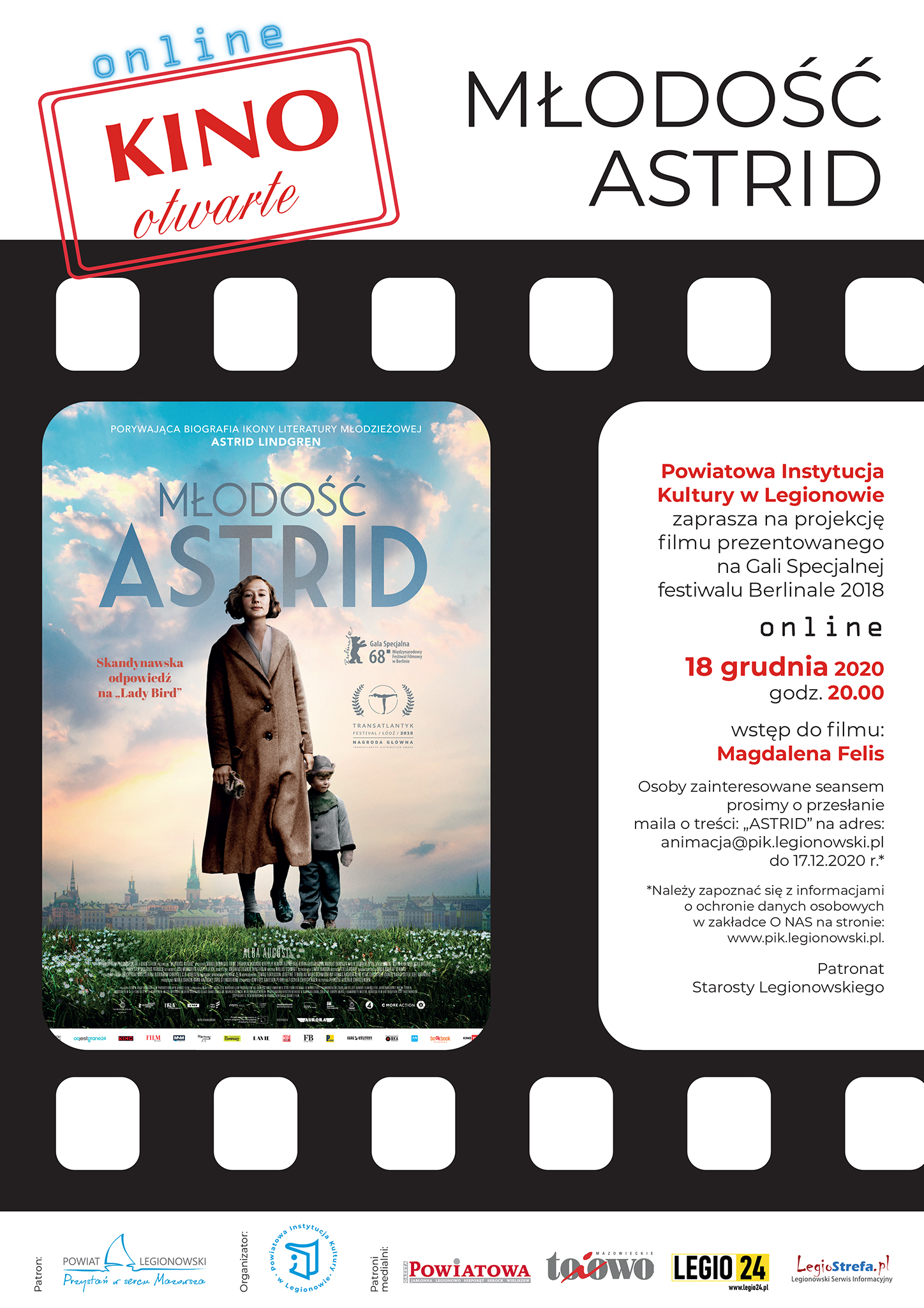 Plakat filmowy- „Młodość Astrid”. Na zdjęciu młoda kobieta z kilkuletnim chłopcem.   Osoby zainteresowane seansem prosimy o przesłanie maila o treści: „ASTRID” na adres: animacja@pik.legionowski.pl do 17.12.2020 r.* Na plakacie wymienieni partnerzy i patroni medialni 