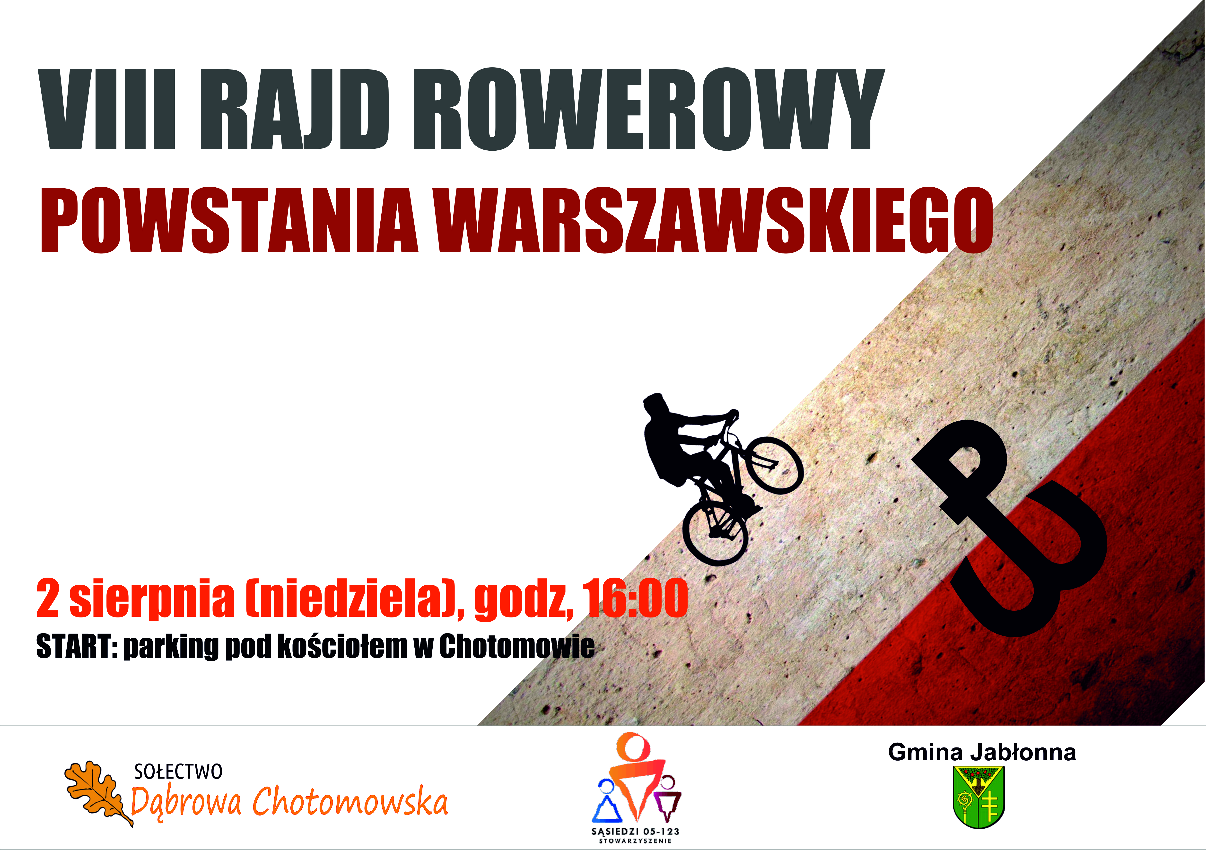 Plakat- 8. rajd rowerowy Powstania Warszawskiego- 2 sierpnia 2020 r., godzina. 16:00, Chotomów