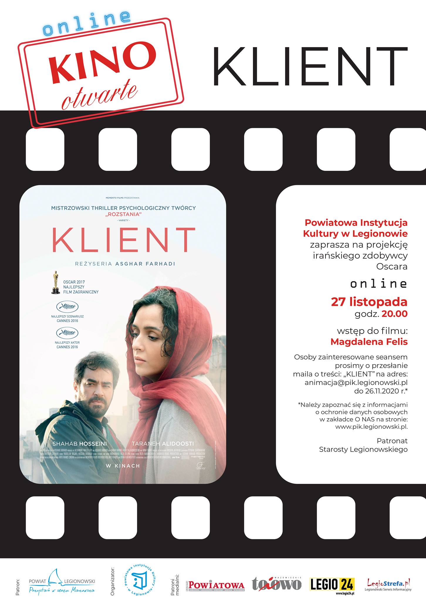 KINO OTWARTE -KLIENT projekcja filmu online, wyslij email na animacja@pik.legionowski.pl z tekstem do 26.11.2020