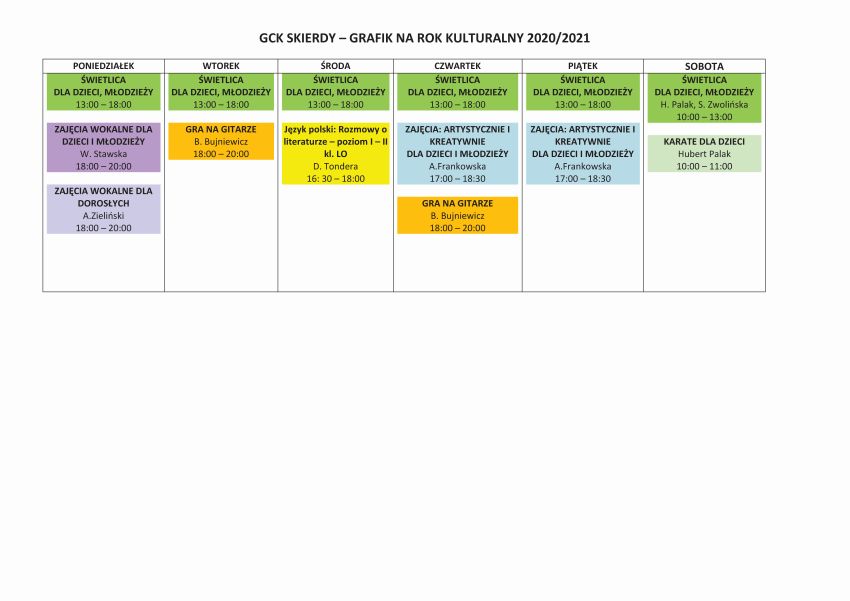 Grafik zajęć GCK Skierdy