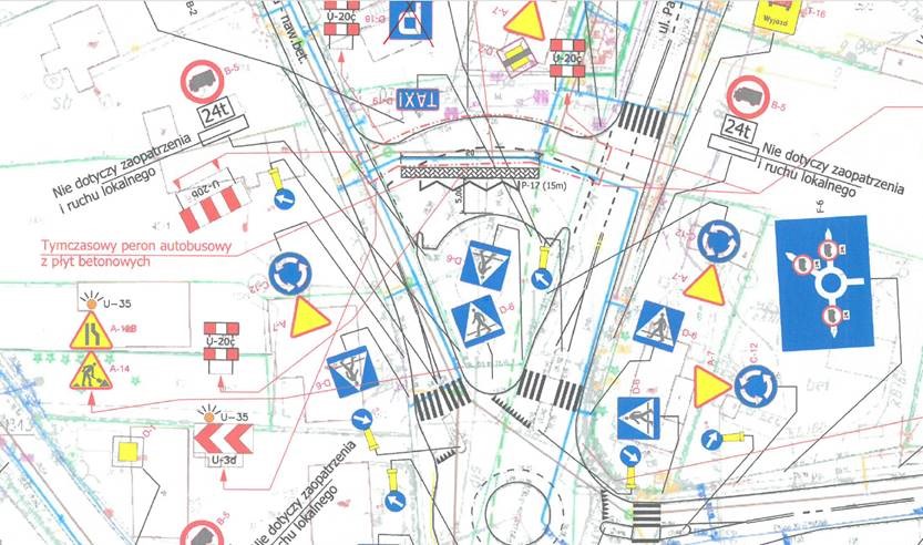 Mapa przedstawiająca organizację ruchu na rondzie w Chotomowie po przeniesieniu przystanku autobusowego 