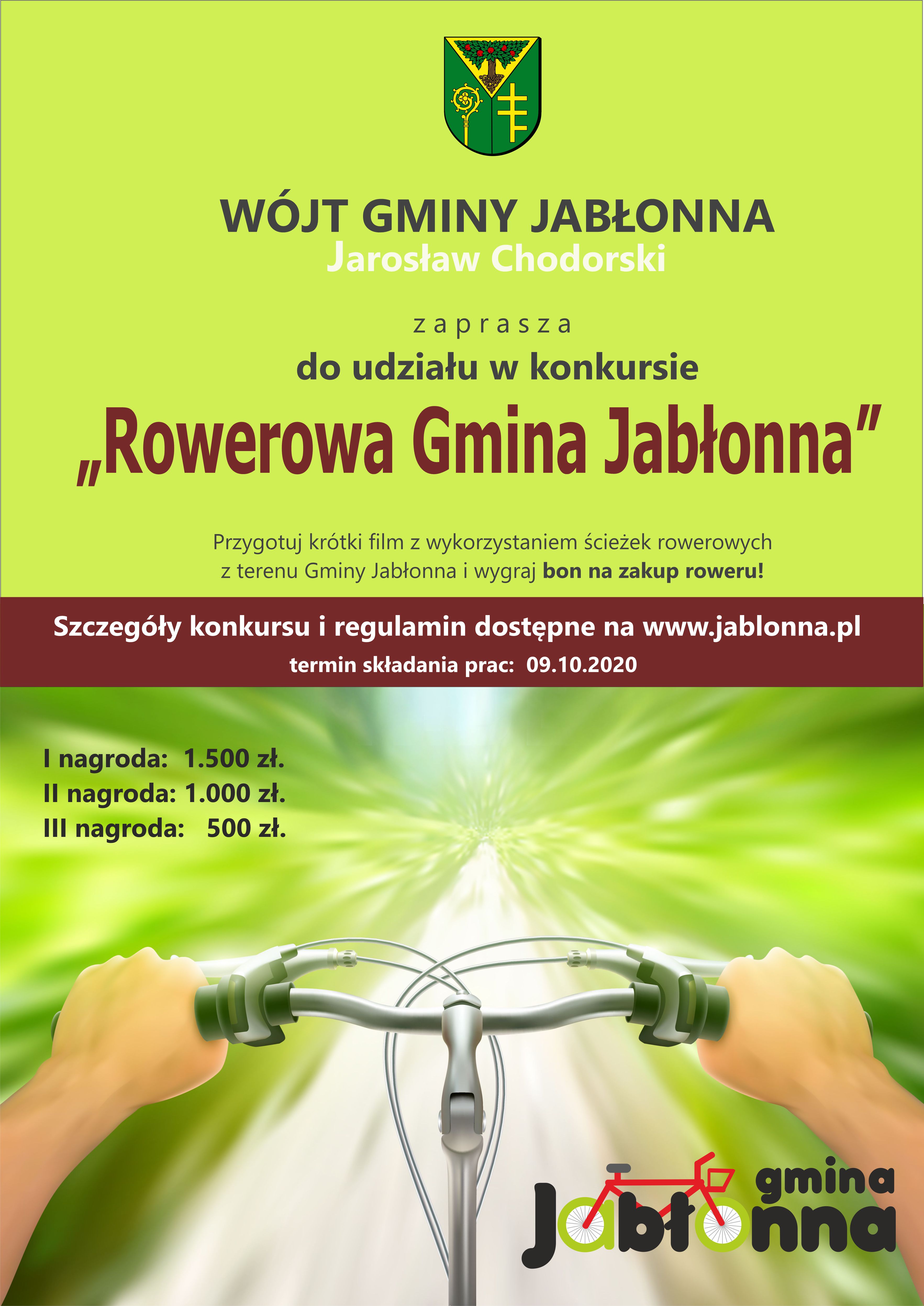 konkurs na krótki film nakręcony na terenie ścieżek rowerowych Gminy Jabłonna. Do wygrania nagrody: 1 miejsce 1500zł, 2 miejsce 1000 zł, 3 miejsce 500 zł