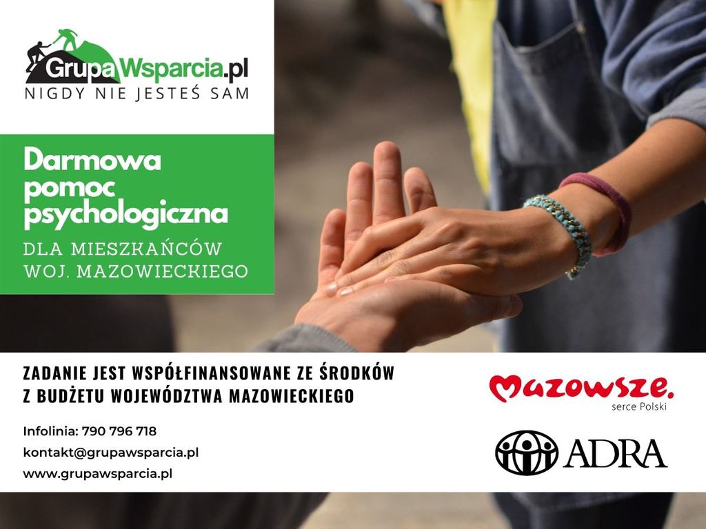 Plakat informujący o darmowej pomocy psychologicznej dla mieszkańców województwa mazowieckiego
