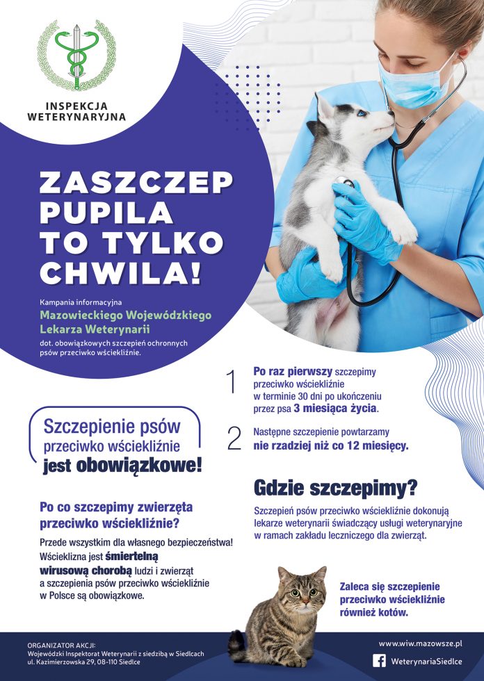 Plakat "Zaszczep pupila to tylko chwila!" - kampania informacyjna Mazowieckiego Wojewódzkiego Lekarza Weterynarii