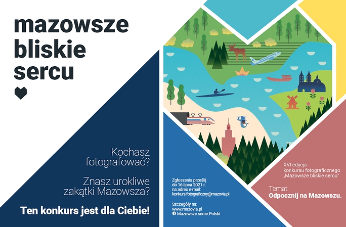 Plakat: Mazowsze bliskie sercu z informacją o konkursie i zgłoszeniach Plakat: Mazowsze bliskie sercu z informacją o konkursie i zgłoszeniac