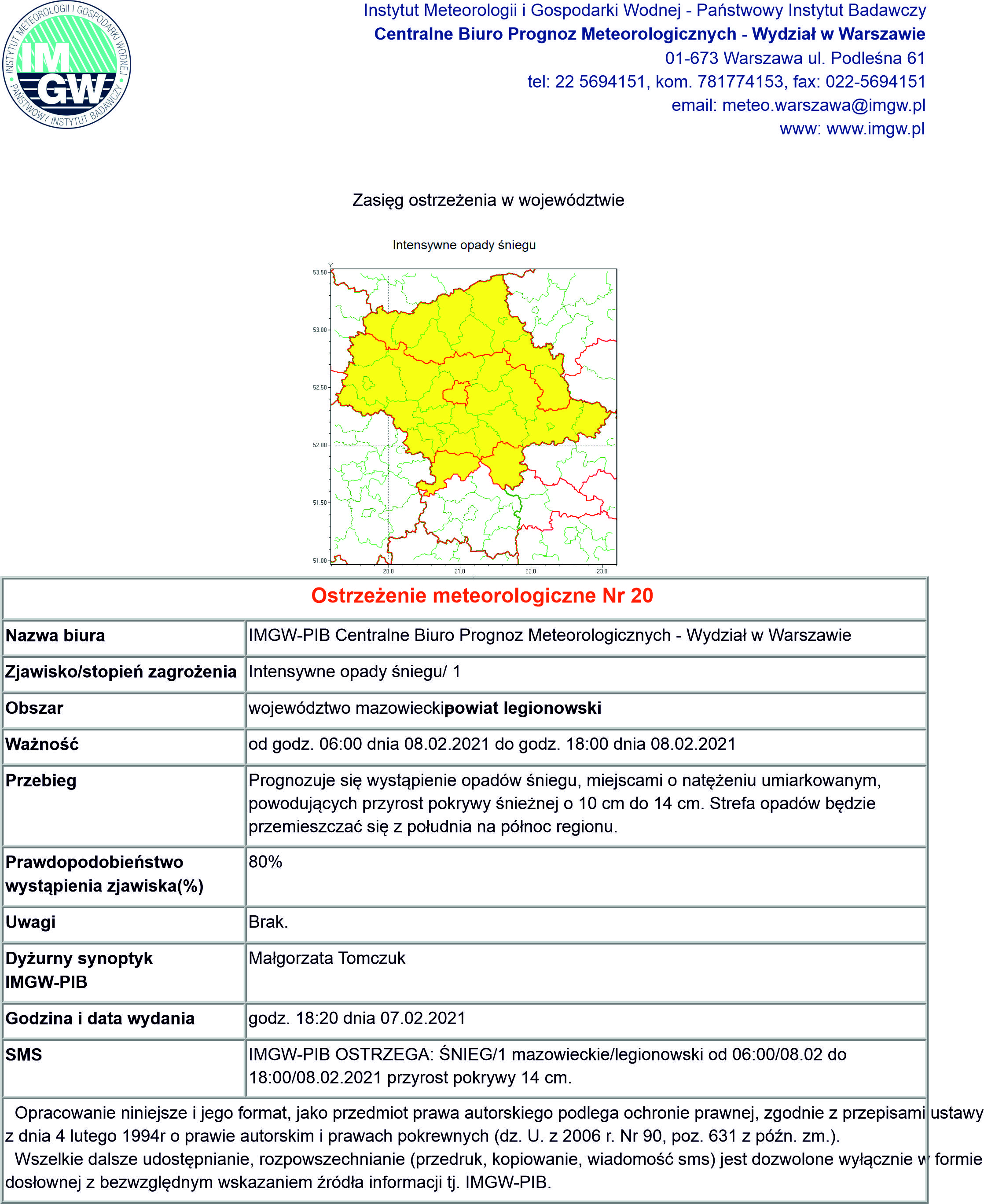 intensywne opady sniegu od godz. 06:00 dnia 08.02.2021 do godz. 18:00 dnia 08.02.2021