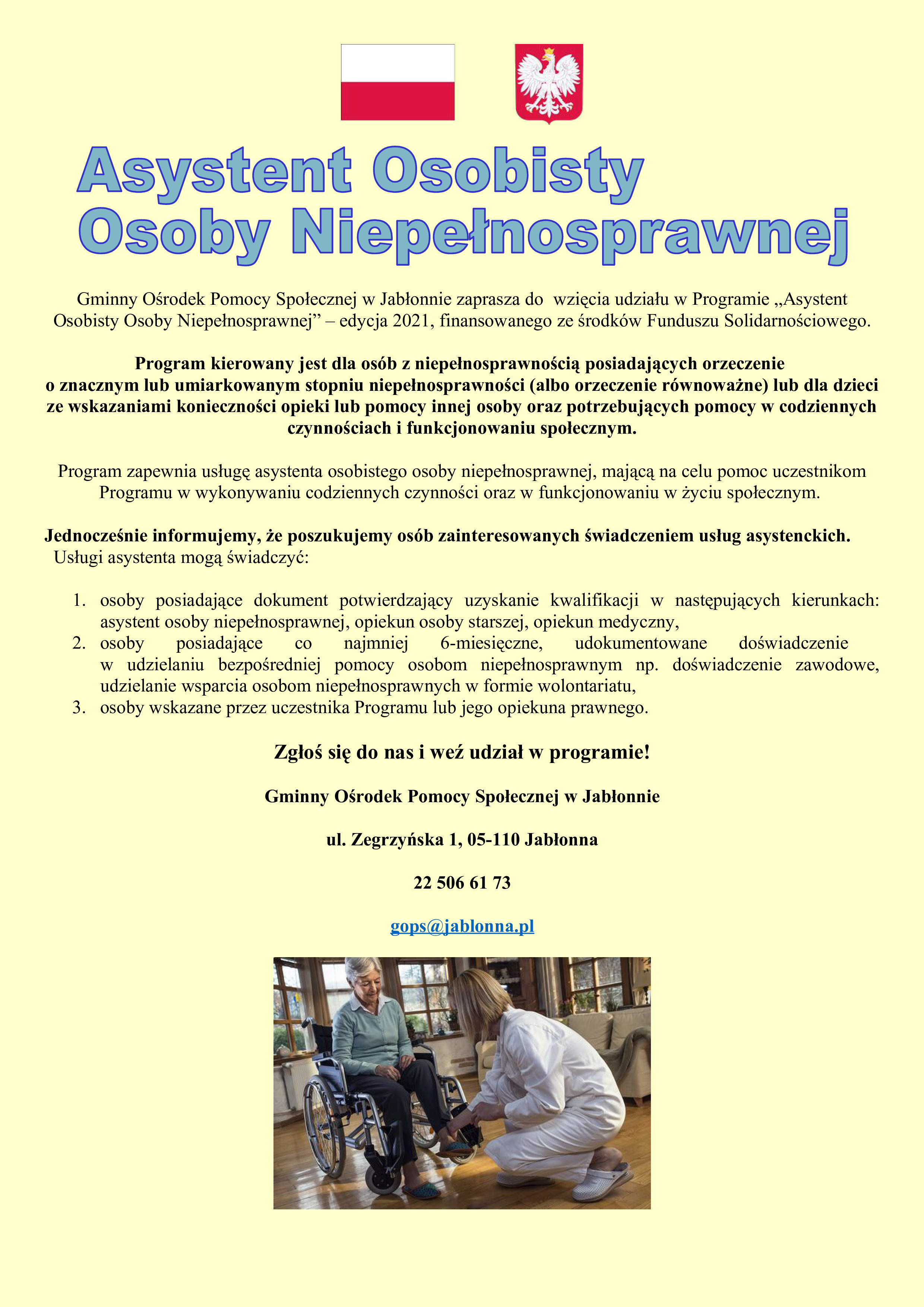 Plakat informujący o programie Asystent Osobisty Osoby Niepełnosprawnej