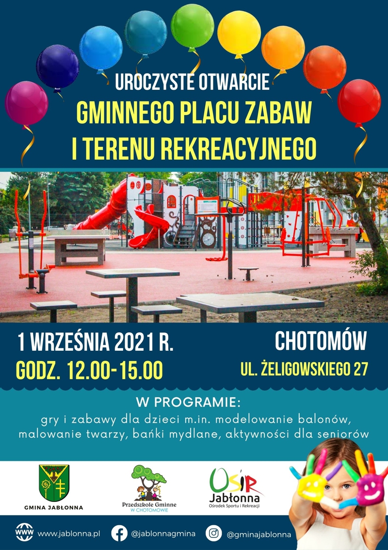 Plakat informacyjny otwarcie Gminnego Placu Zabaw w Chotomowie przy ul. Żeligowskiego 27, 1 września godz.12.00