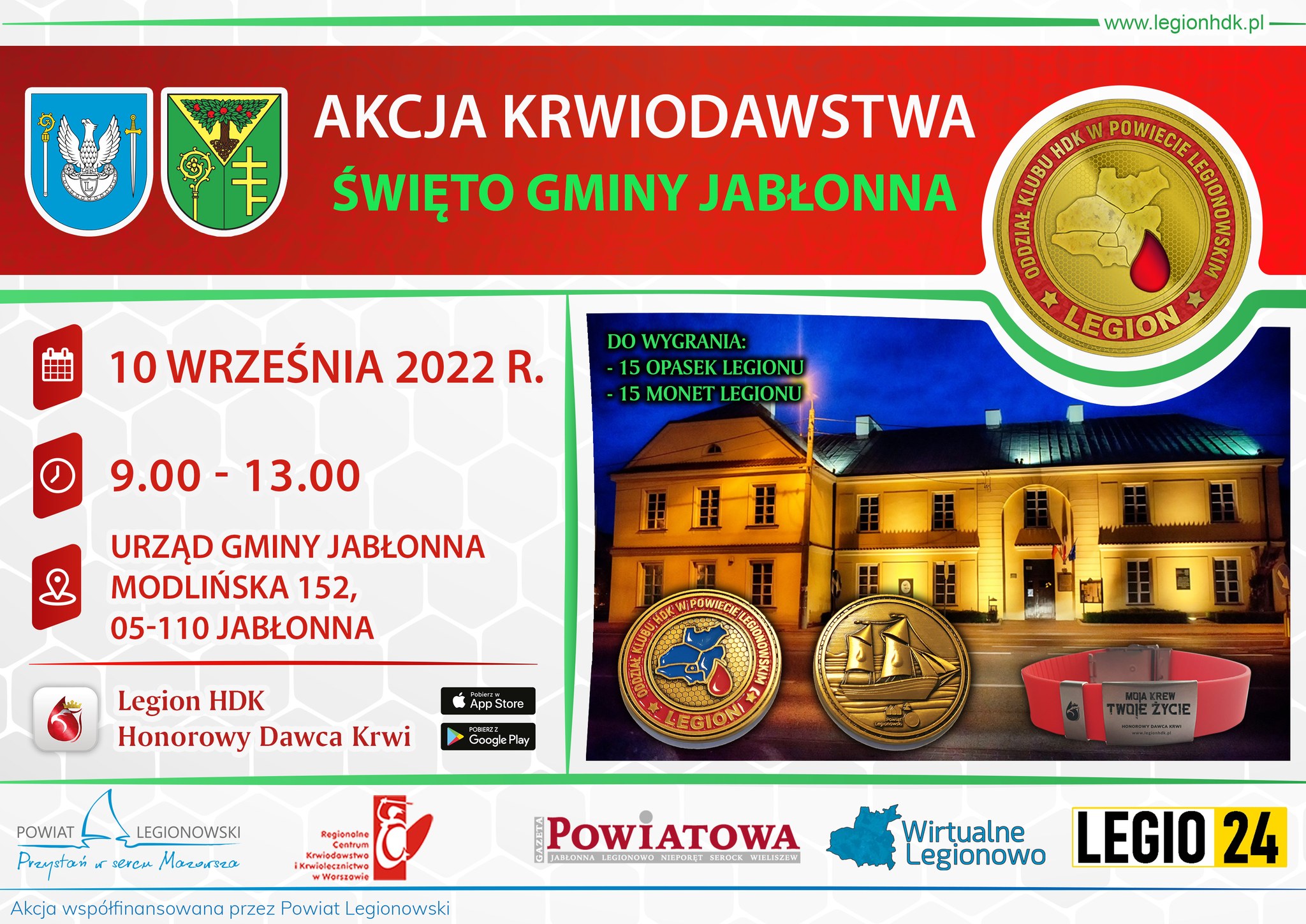 Akcja krwiodawstwa, Świeto Gminy Jabłonna - 10 września 2022 r. 09.00 - 13.00 Urząd Gminy Jabłonna