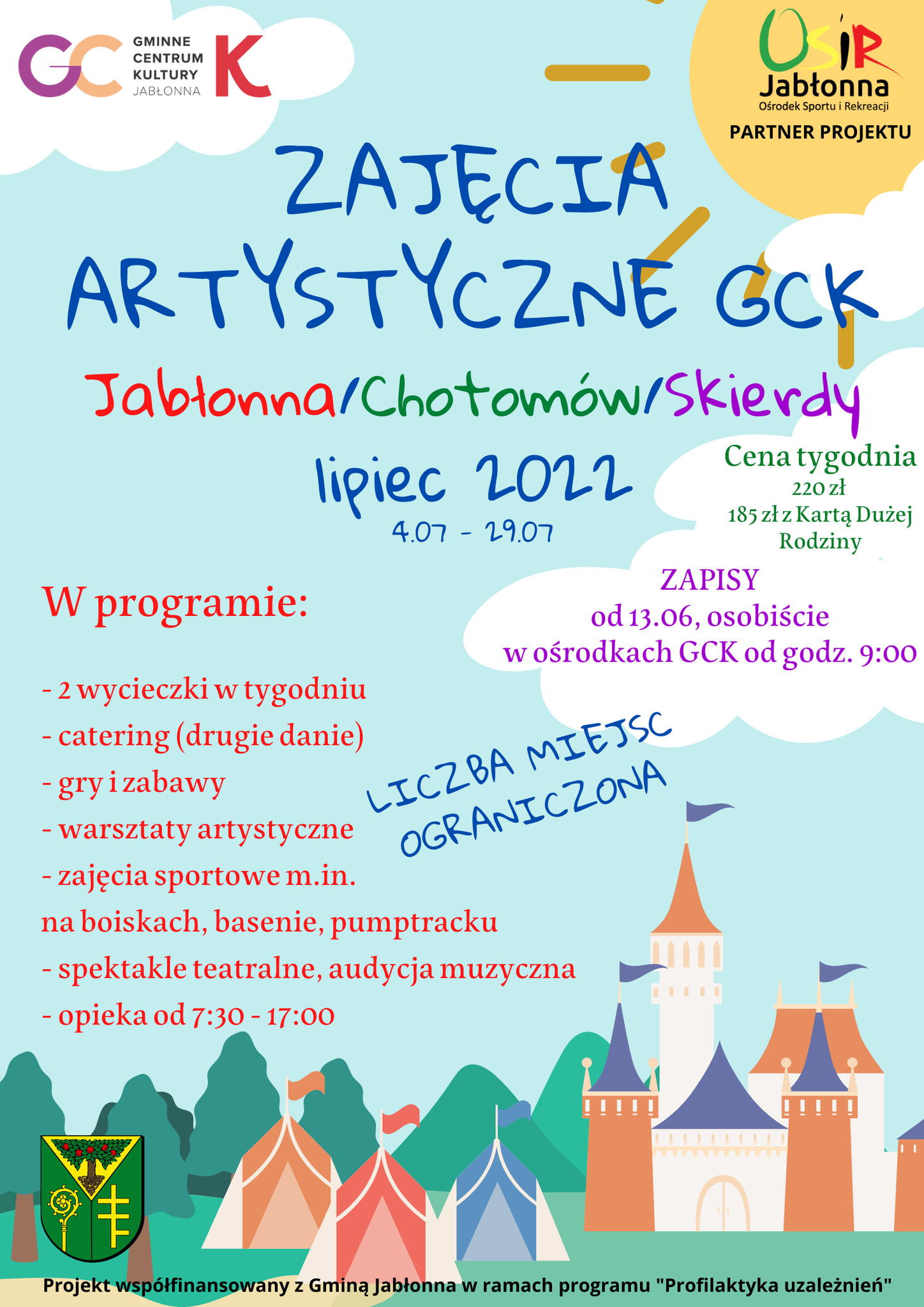 Plakat - zajęcia artystyczne w lipcu - w GCK w Skierdach, Chotomowie i Jabłonnie