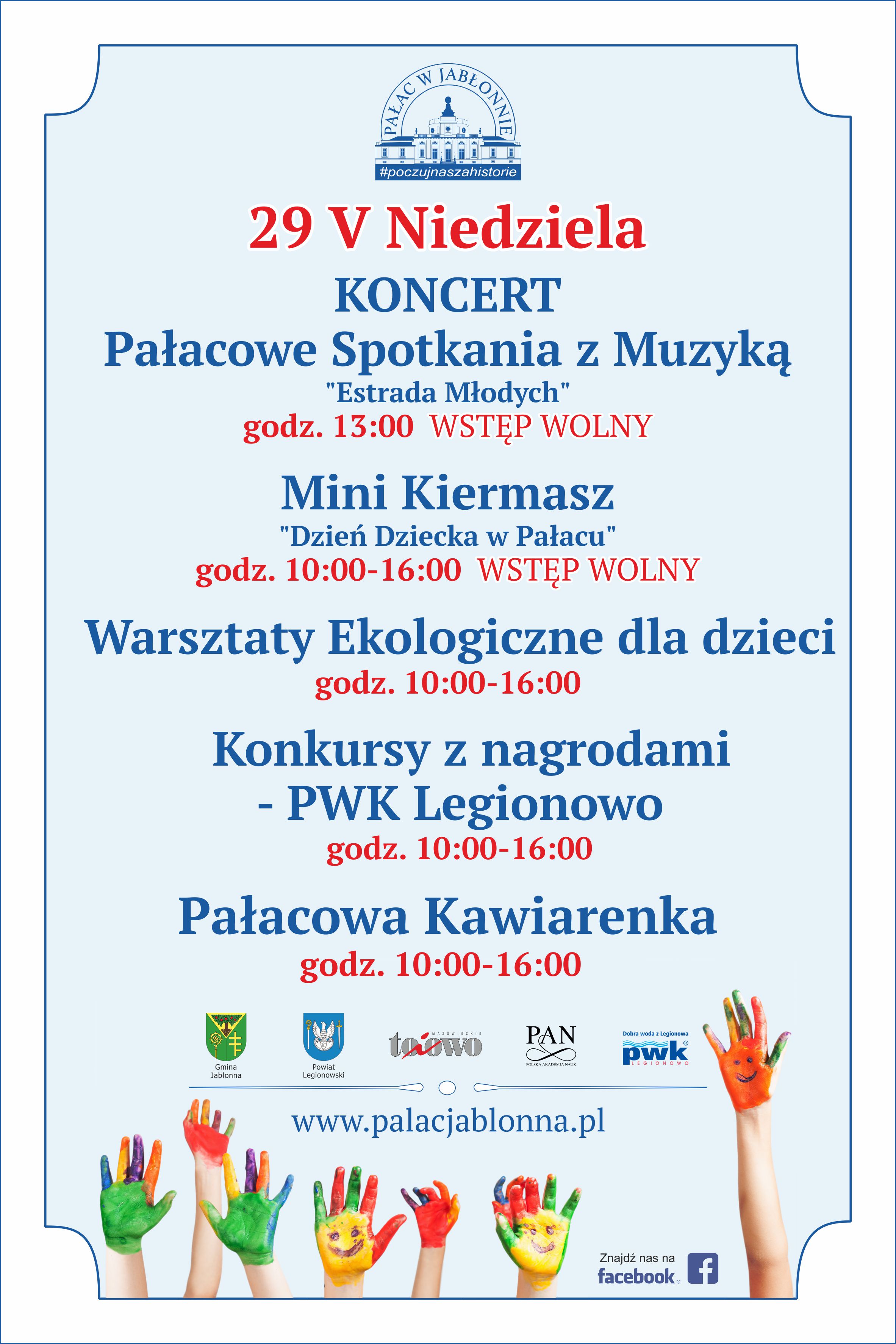 Pałac w Jabłonnie serdecznie zaprasza w niedzielę 29 maja 2022r. o godz. 13.00 na koncert z cyklu Pałacowe Spotkania z Muzyką pod tytułem „Estrada Młodych” koncert laureatów konkursów muzycznych, oraz na kiermasz z okazji dnia dziecka, który odbędzie się tego samego dnia w godzinach 10:00-16:00