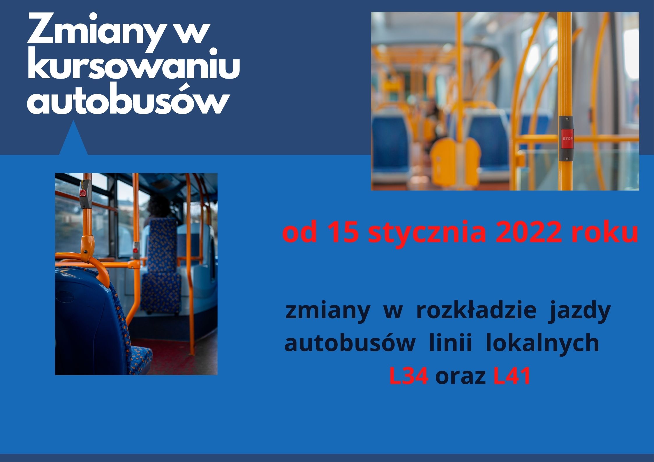 Infografika ze zdjęciem wnętrza autobusu oraz datami zmian kursów linii lokalnych Infografika ze zdjęciem wnętrza autobusu oraz datami zmian kursów linii lokalnych