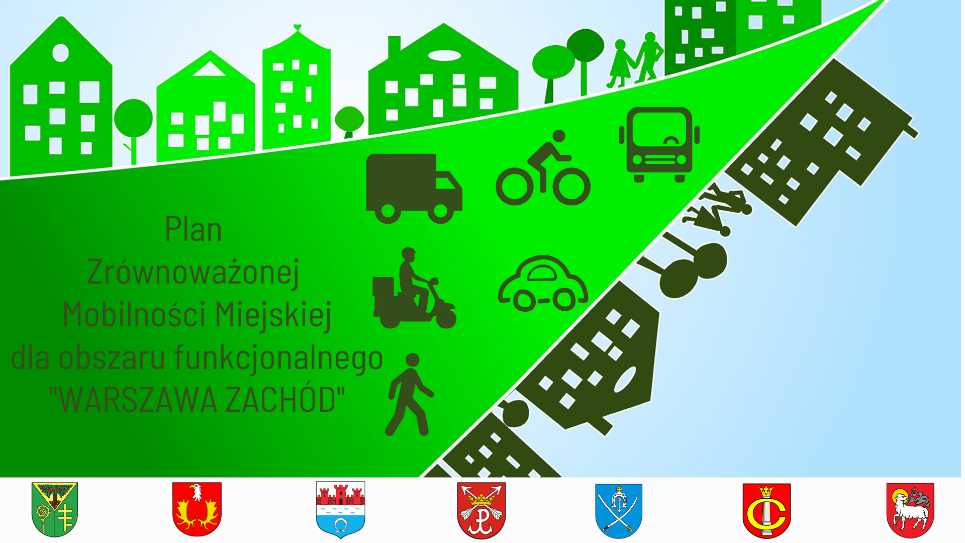 Plakat z napisem Plan Zrównoważonej Mobilności Miejskiej dla obszaru funkcjonalnego 
