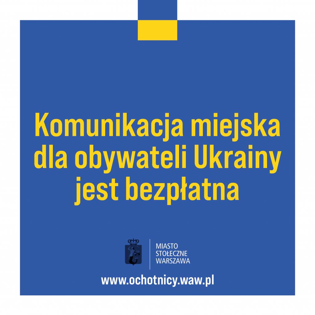 Flaga Ukrainy i komunikat żółtą czcionką na niebieskim tle komunikacja miejska dla obywateli Ukrainy jest bezpłatna Flaga Ukrainy i komunikat żółtą czcionką na niebieskim tle komunikacja miejska dla obywateli Ukrainy jest bezpłatna