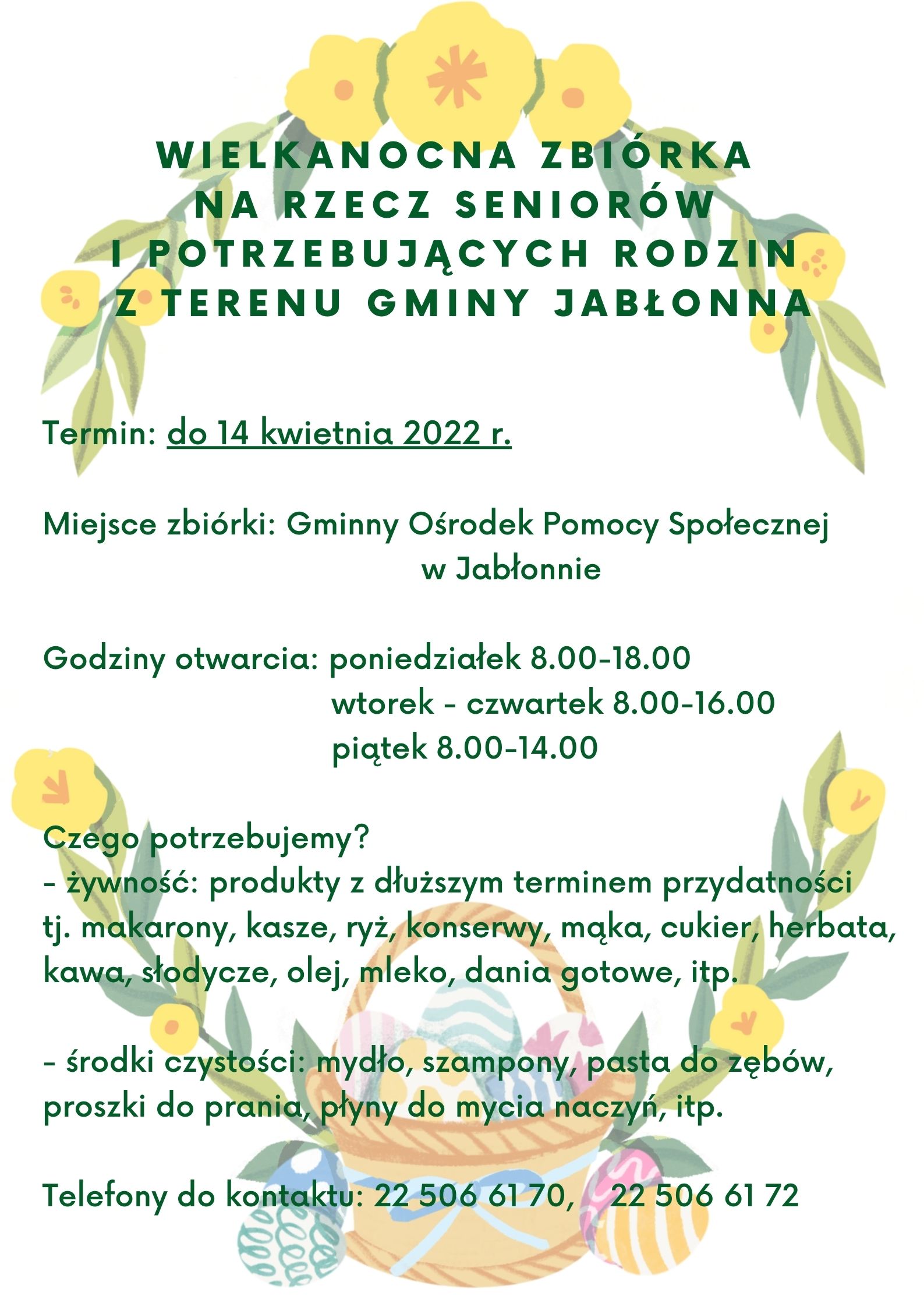 Plakat informujący o zbiórce żywności i środków higienicznych dla seniorów