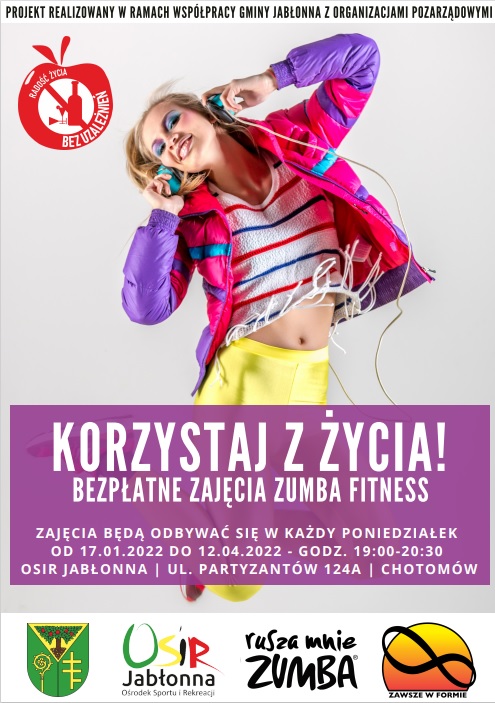 Plakat informacyjne: Rusza mnie Zumba - bezpłatne zajęcia Zumba Fitness Zajęcia bedą odbywac się w każdy poniedziałek od 06.12.2021 do 21.12.2021 godz. 19.00-20.20 OSIR Jabłonna, ul. Partyzantów 124A, Chotomów. Zajęcia będą odbywać się w każdy poniedziałek od 17.01.2022 r. do 12.04.2022 r. w godz. 19.00 - 20.30, OSiR, ul. Partyzantów 124A, Chotomów