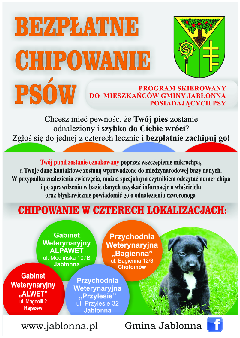Bezpłatne chipowanie psow - program skierowany do mieszkańców Gminy Jablonna posiadających psy