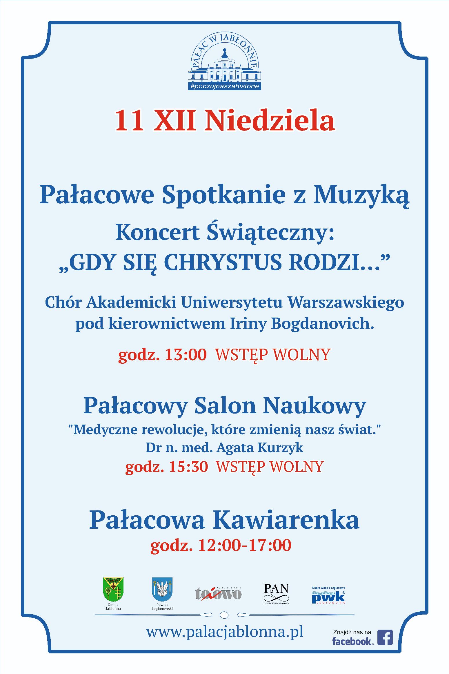 Plakat informujący o Koncercie Świątecznym " Gdy się Chrystus rodzi...", który odbędzie się w Pałacu w Jabłonnie 11 grudnia 2022 roku o godz. 13.00