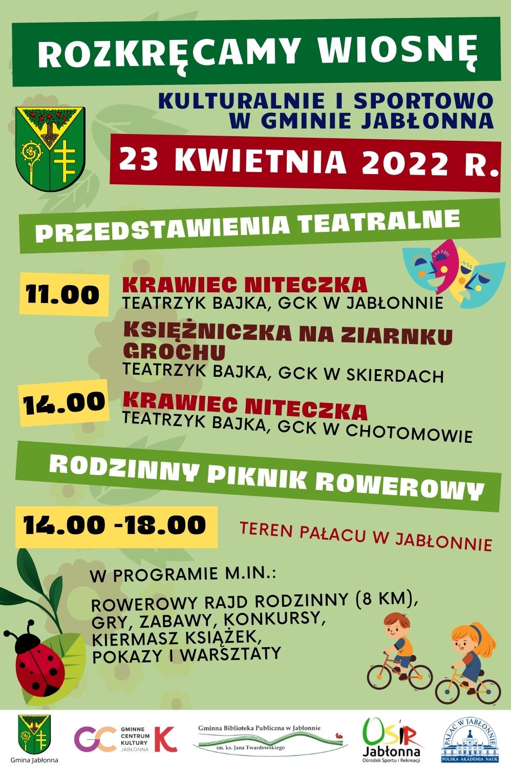 Rozkręcamy wiosnę w Gminie Jabłonna, 23 kwietnia Gminne Centrum Kutury zaprasza na przedstawienia teatralne, a w Pałacu w Jabłonnie odbędzie się Rodzinny Piknik Rowerowy