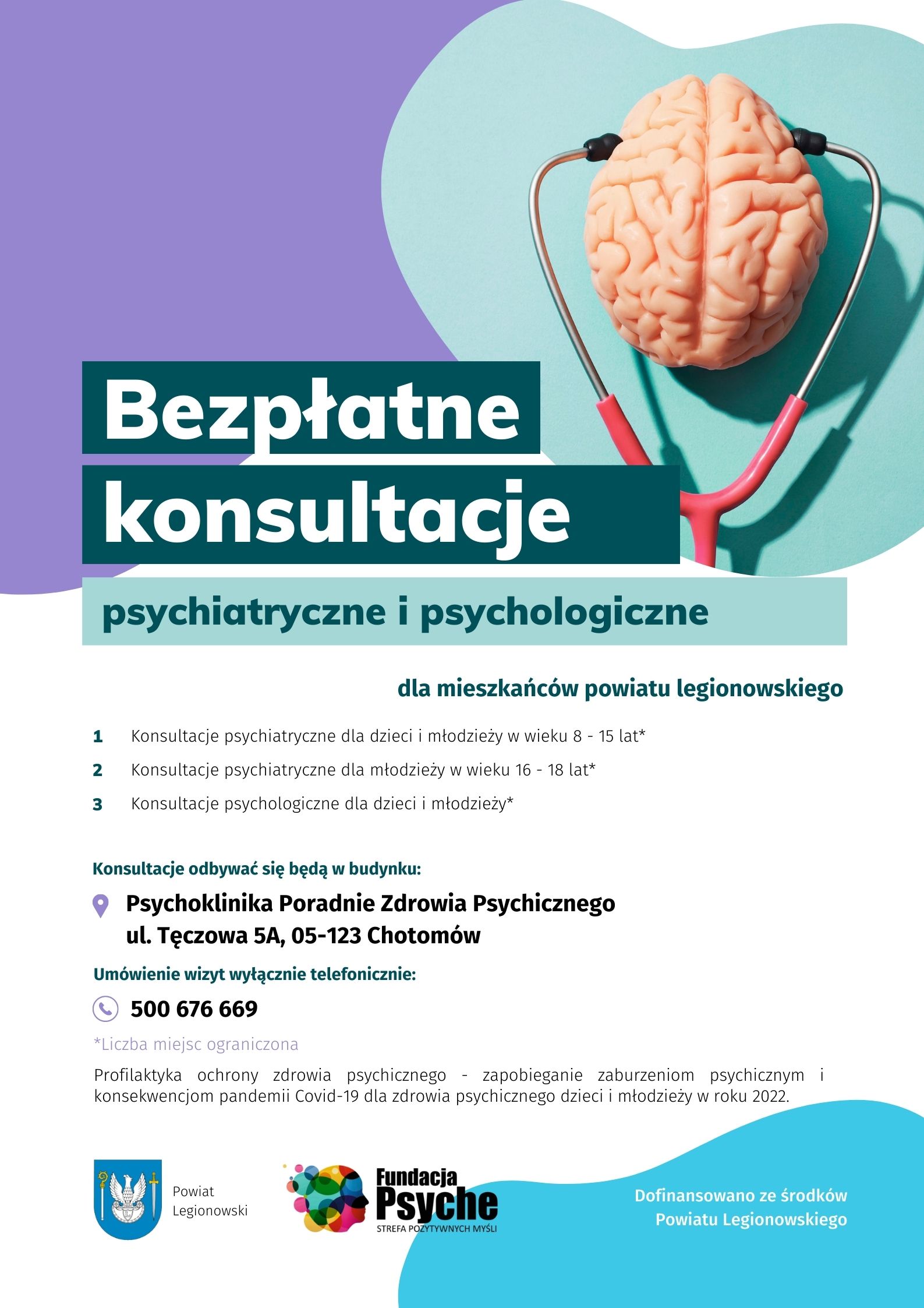 Plakat informacyjny: Konsultacje psychiatryczne i psychologiczne dla dzieci i młodzieży” organizator Zarząd Powiatu w Legionowie