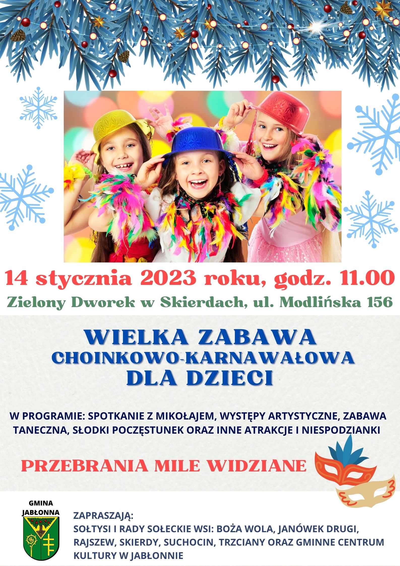 Plakat informujący o zabawie choinkowo-karnawałowej dla dzieci wsi zachodnich