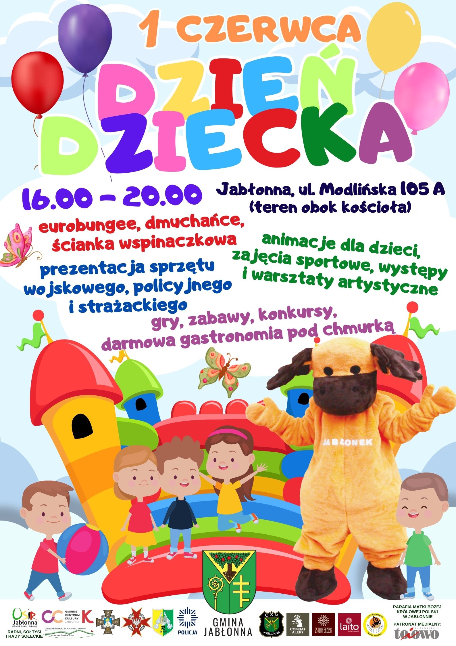 Plakat, Dzień Dziecka, 1 czerwca, godz. 16.00 - 20.00, Jabłonna, ul. Modlińska 105 A (teren obok kościoła)