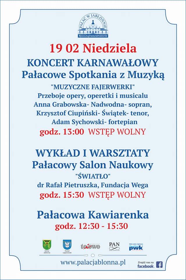 Plakat informujący o Pałacowych Spotkaniach z Muzyką oraz Salonie Naukowym