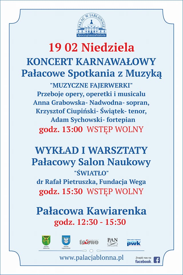 Plakat informujący o Pałacowych Spotkaniach z Muzyką oraz Salonie Naukowym