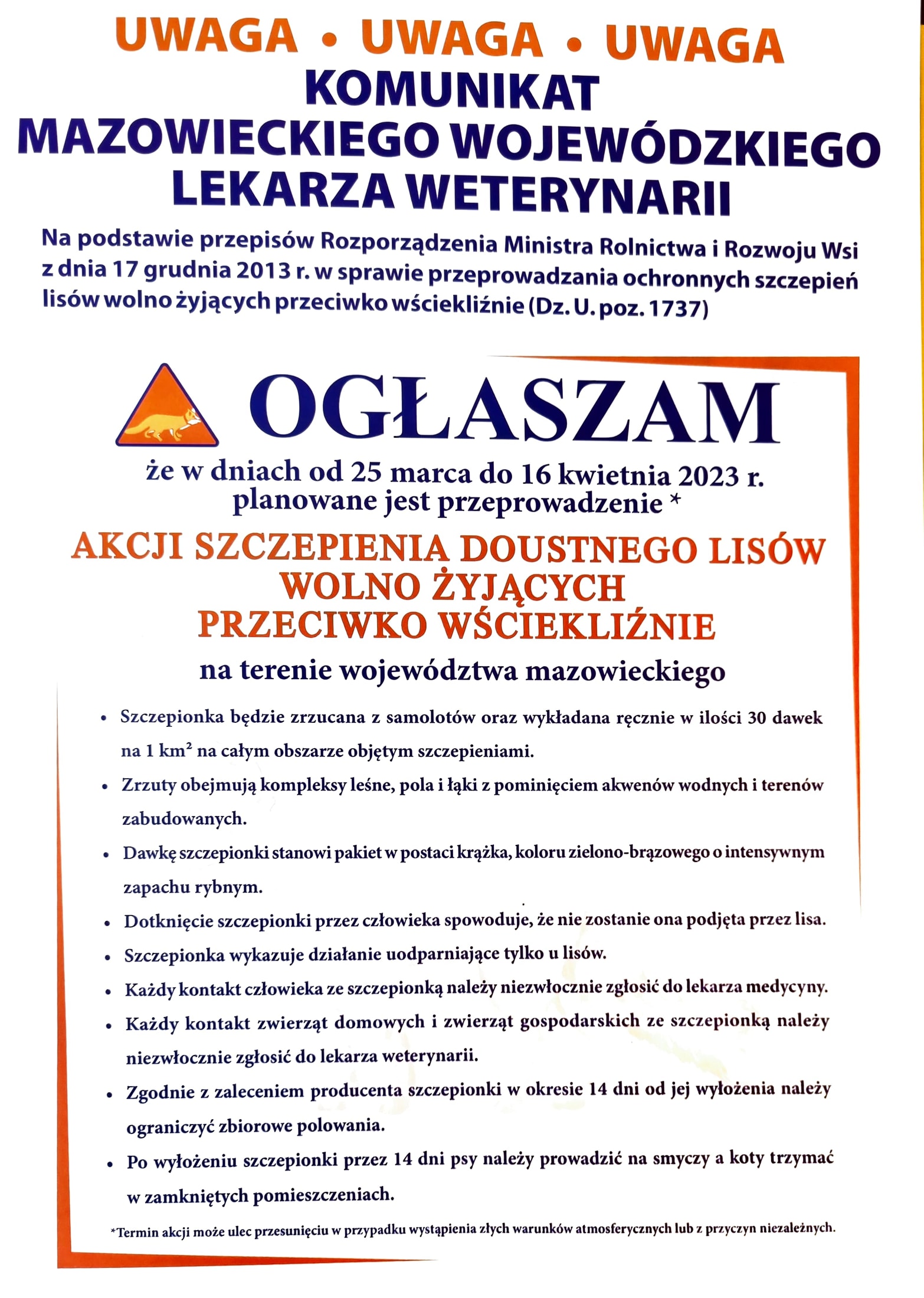 Komunikat Mazowieckiego Wojewódzkiego Lekarza Weterynarii dot. akcji szczepienia lisów przeciwko wściekliźnie