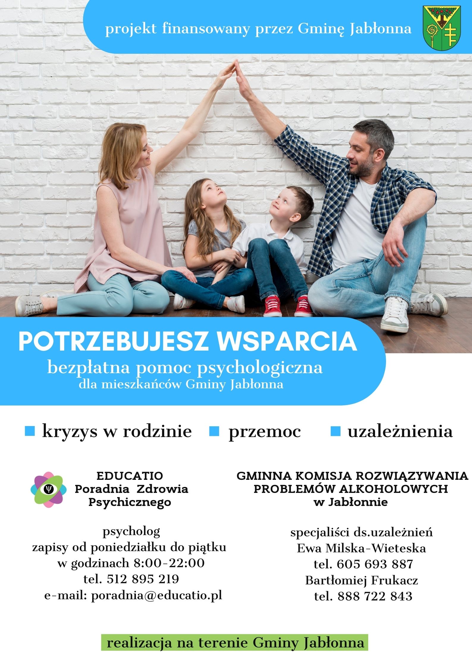 Plakat informujący o bezpłatnej pomocy psychologicznej dla mieszkańców Gminy Jabłonna