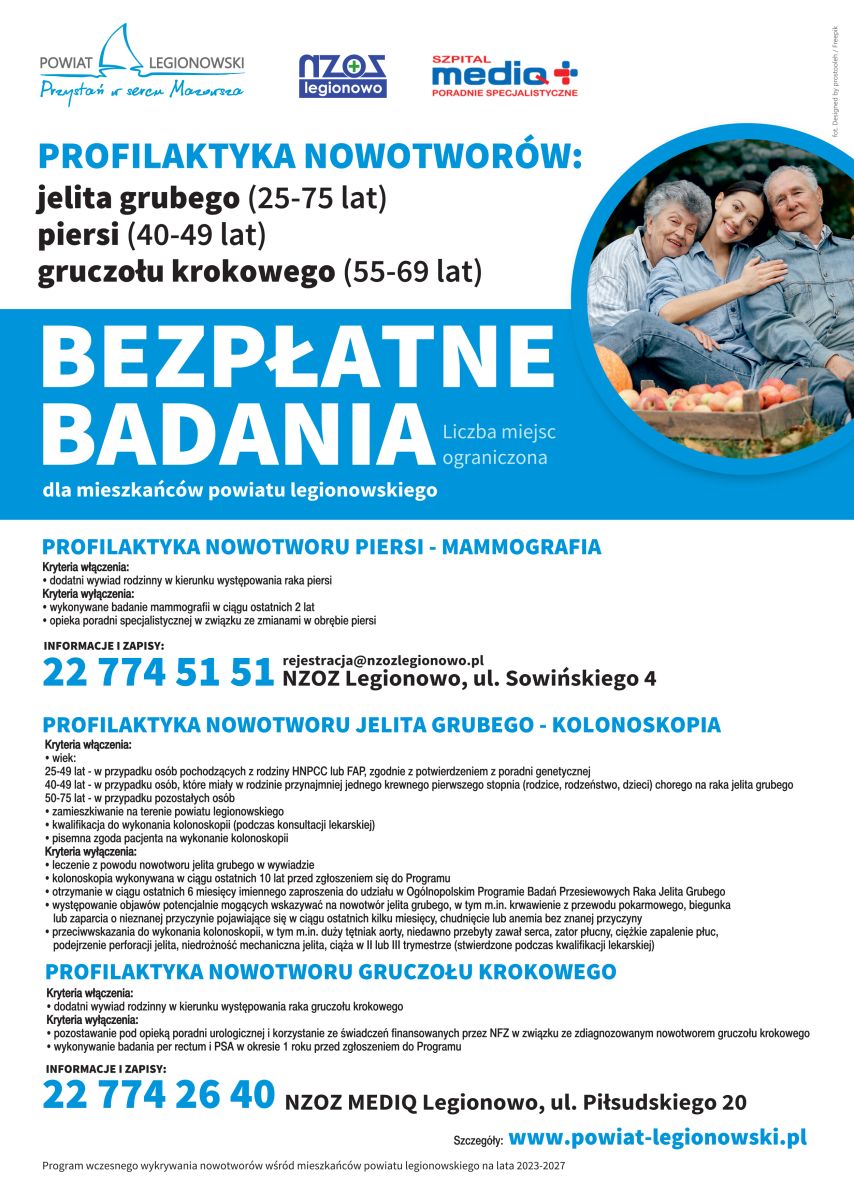 Plakat bezpłatne badania - profilaktyka niektórych typów nowotworów Plakat bezpłatne badania - profilaktyka niektórych typów nowotworów