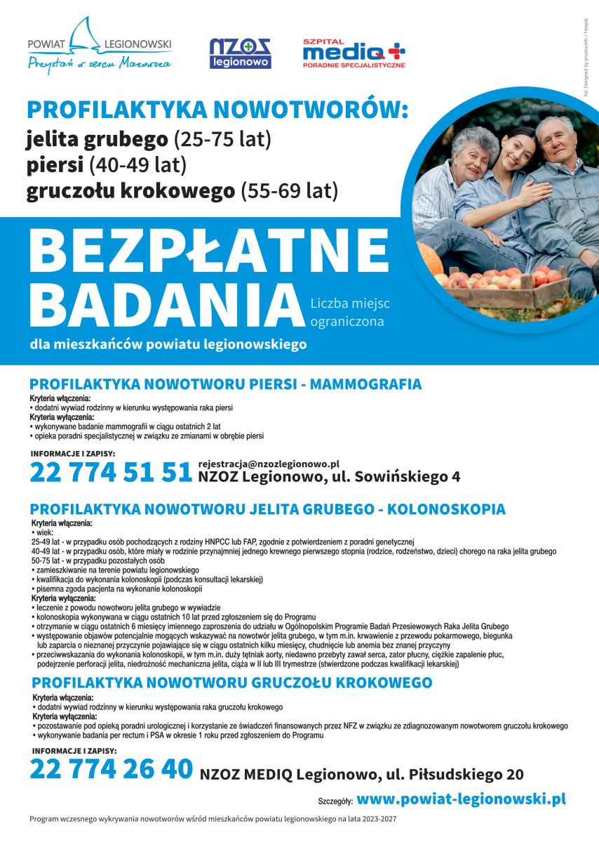 Plakat bezpłatne badania - profilaktyka niektórych typów nowotworów