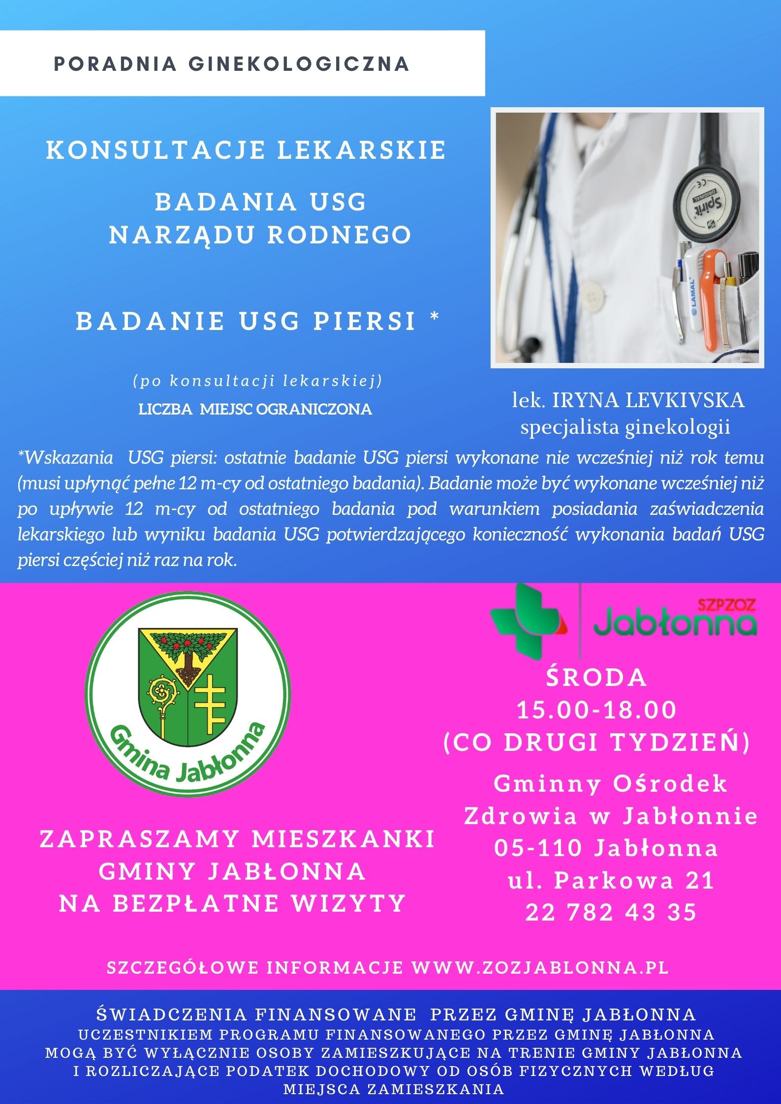 plakat informujący o bezpłatnych konsultacjach lekarskich w poradni ginekologicznej dla mieszkanek Gminy Jabłonna
