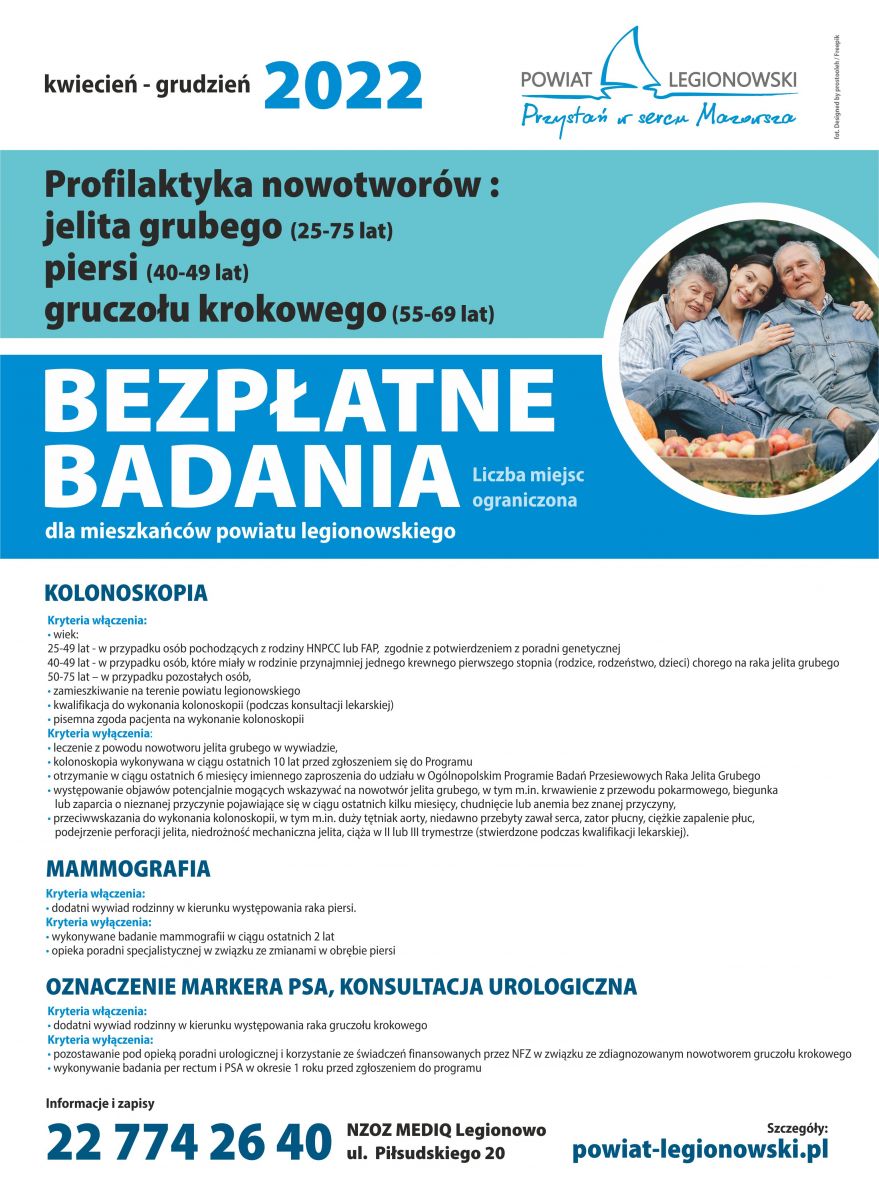 Plakat informujący o bezpłatnych badaniach profilaktycznych 