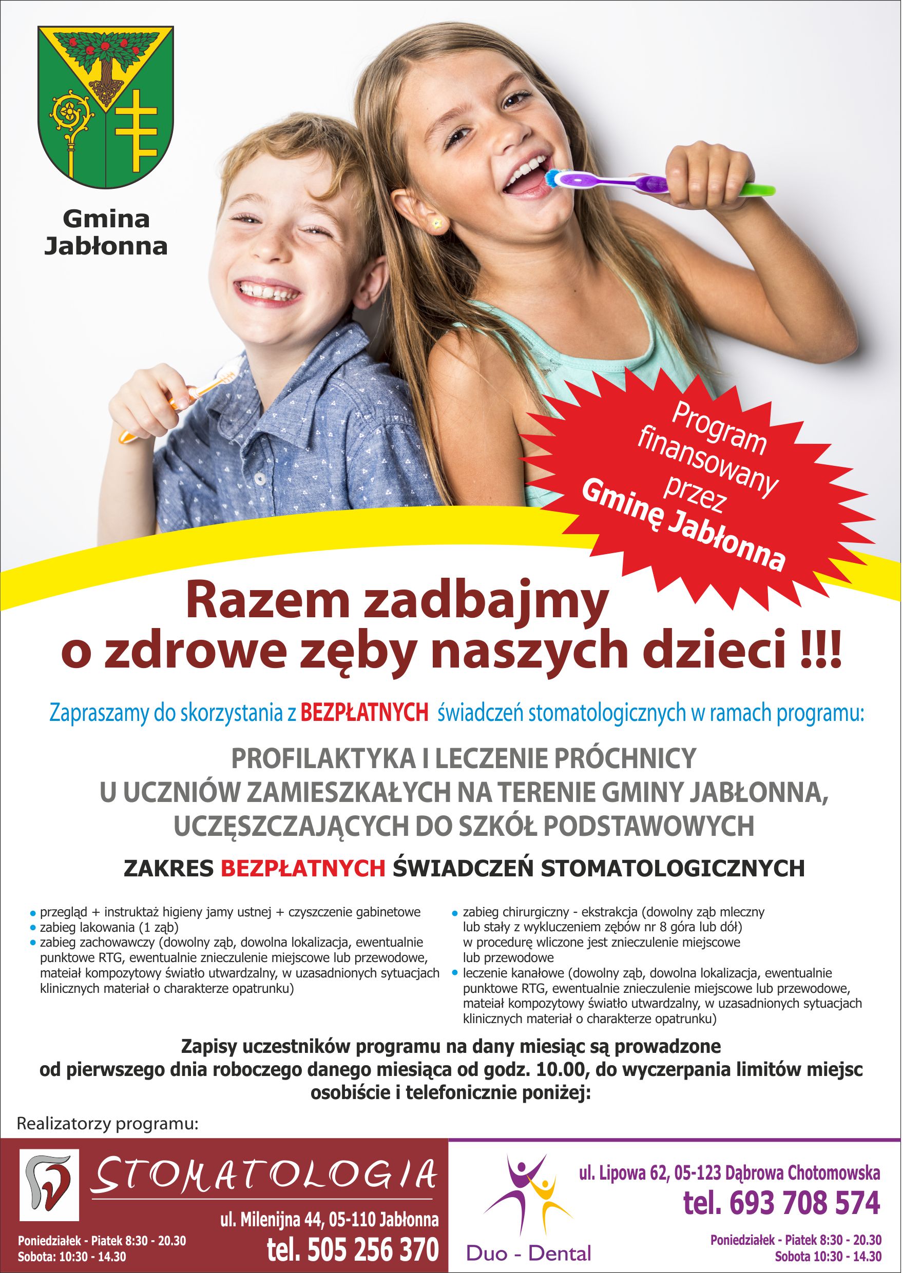 plakat informujący o programie profilaktyki i leczenia próchnicy u uczniów zamieszkałych na terenie Gminy Jabłonna, uczęszczających do szkół podstawowych